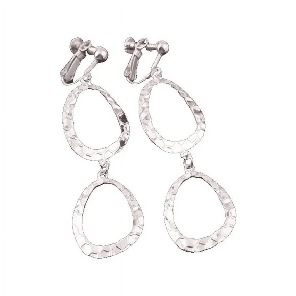 Chic Silver Hammered Drop Earrings (Clip On) - Picture 3 of 5
